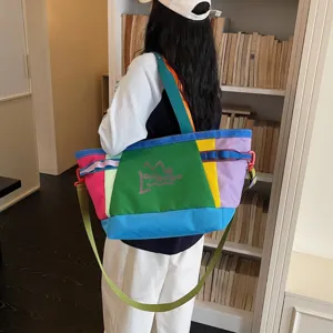 Colorful patchwork canvas tote bag, large casual commuting shoulder bag for daily use.