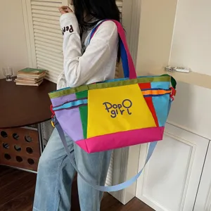 Korean style color block canvas tote bag, large capacity casual shoulder bag for daily commute.