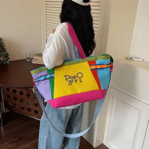 Color block canvas shoulder tote bag, large capacity casual travel commuter bag for women.