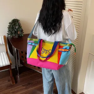 Canvas colorblock tote bag large capacity casual shoulder bag for women daily travel commute.