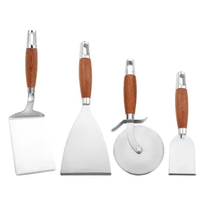 Set di spatole da cucina in acciaio inossidabile con manico in legno per cucinare