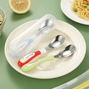 Stainless steel kids spoon set with portable case, safe feeding tableware for babies.