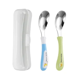 Baby stainless steel spoon set with portable storage case, safe feeding toddler tableware.