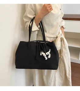 Black canvas tote bag with cute puppy charm large capacity shoulder bag for women daily commute