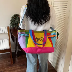 Colorful patchwork canvas tote bag, large capacity casual shoulder bag for travel and commute.