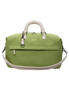 Large capacity travel duffel bag in green with beige handles and crossbody strap for gym.
