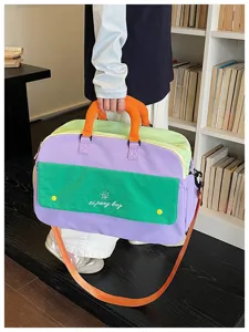 Dopamine color block travel bag, large capacity duffel bag, lightweight portable gym sports bag.