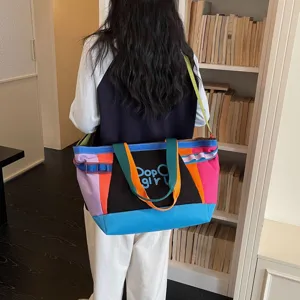 Colorblock canvas tote bag for women, large capacity shoulder travel bag with letters.
