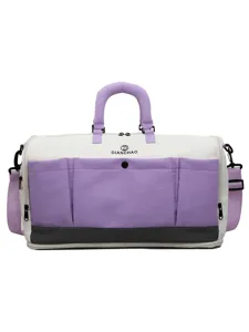 Large capacity travel duffel bag, stylish short trip flight bag, purple and white gym bag.
