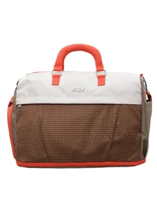 Large capacity travel duffel bag with orange handles and brown checkered pattern for daily use.