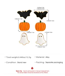 Detalles y medidas de los pendientes de Halloween de murciélago, calabaza y fantasma.