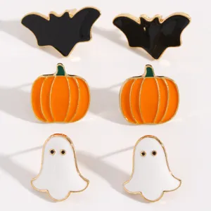 Juego de pendientes de Halloween con diseños de murciélago, calabaza y fantasma esmaltados