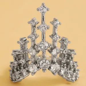 Detail of architectural castle style ring with clear cubic zirconia stones