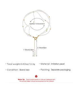 Detailed dimensions of long layered imitation pearl necklace with gold OT buckle.