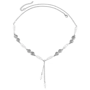 Vintage style silver long chain necklace with textured beads and baroque pearl drops