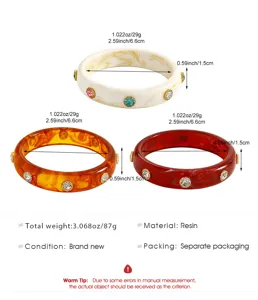 Detail specifications of colorful resin bangles with dimensions and material info