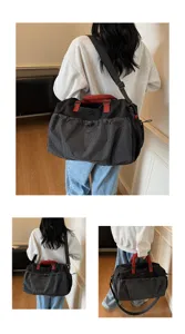 Large capacity travel duffel bag with black and grey plaid design and red handle details.