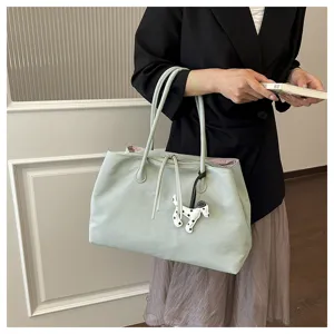 Light green tote bag with cute puppy charm large capacity shoulder bag for women daily commute