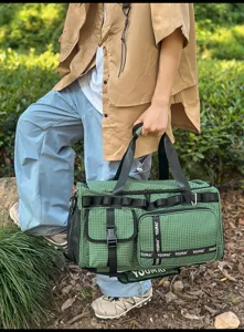 Large capacity green plaid travel gym bag with multiple pockets for sports and outdoor trips.