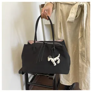 Chic black tote bag with pink lining and cute dog charm large capacity shoulder bag for women
