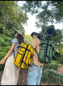 Outdoor travel backpack detail view, featuring large capacity and durable multi-strap design.