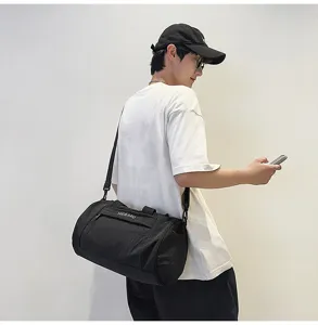 Men black cylindrical gym duffel bag casual travel sports shoulder bag with strap detail