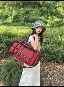 Large capacity red grid travel duffel bag for women sports fitness gym shoulder bag