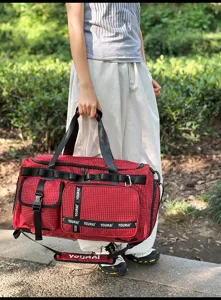 Red plaid travel duffel bag with large capacity, durable gym bag for sports and outdoor.