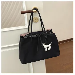 Black Tote Bag Large Capacity Shoulder Bag with Dog Charm Pink Interior Chic Daily Commute Bag