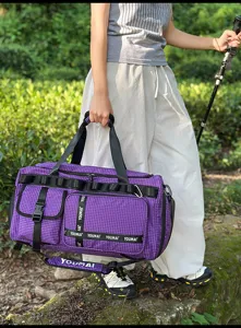 Large capacity purple plaid travel duffel bag sports fitness backpack for women.