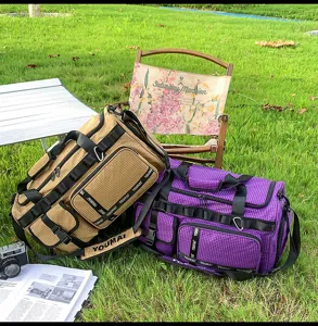Large capacity travel duffel bag with multi pockets, stylish plaid pattern for sports.
