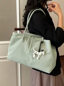 Light green large capacity tote bag with dog charm, stylish leather shoulder bag for women