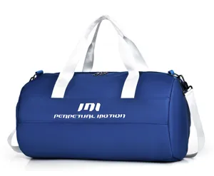 Blue cylinder gym duffel bag detail view, dry wet separation compartment, white sturdy handles.