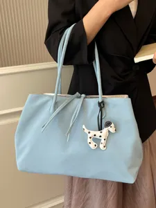 Light blue tote bag for women large capacity shoulder bag cute dog charm daily commute casual bag