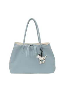 Light blue tote bag with puppy charm, large capacity shoulder bag for women daily commute.