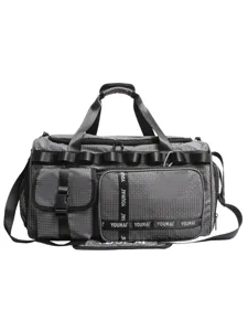 Grey grid travel duffel bag large capacity sports gym bag with multiple pockets and straps.