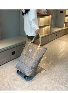 Bolso de viaje rodante de gran capacidad con ruedas, bolsa de almacenamiento a cuadros grises.