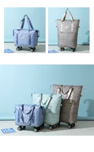 Detalles de la bolsa de viaje extensible con ruedas universales y patrón de cuadros.