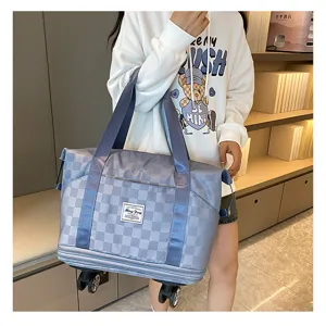 Gran bolsa de viaje con ruedas, diseño de cuadros grises, perfecta para viajar.