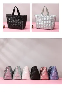 Detailed view of quilted puffer tote bags in multiple colors showing texture and large capacity.