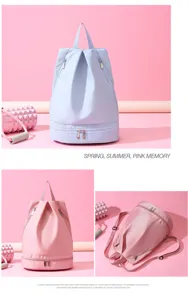 Detailed view of the waterproof fitness backpack with separate wet and dry compartments.