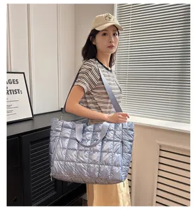 Puffer shoulder tote bag in silver blue, ideal for travel, fitness, and daily casual use.