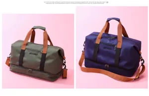 Oxford fabric travel duffel bag detail, large capacity gym bag and portable luggage display.