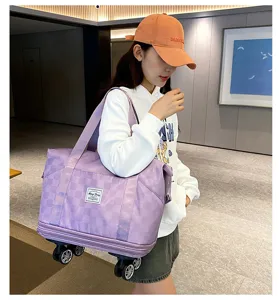 Gran capacidad bolsa de viaje rodante con ruedas bolsa de equipaje a cuadros morados mujer