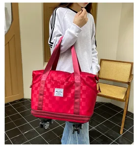 Gran capacidad bolsa de viaje con ruedas y diseno de cuadros rojos para almacenamiento de mujer