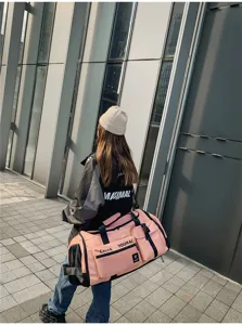 Grande borsa da viaggio sportiva, borsa da fitness rosa casual con tasche multiple.