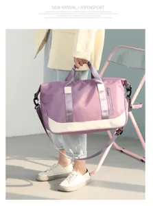 Large capacity travel gym bag with dry wet separation, stylish purple shoulder fitness bag for women.