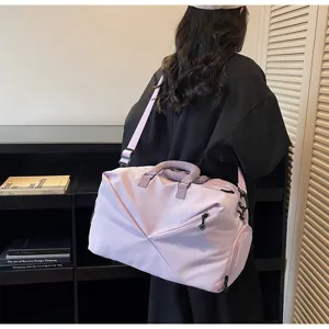 Light purple gym travel duffel bag featuring wet dry separation and large capacity.