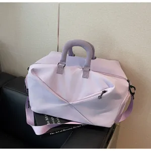 Light purple travel duffel bag, large capacity sports gym bag with handles and strap.