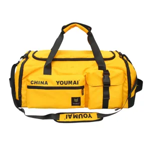 Grande borsa da viaggio sportiva impermeabile con tasche multiple e tracolla regolabile colore giallo.